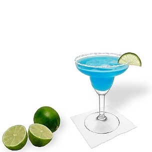 Blue Margarita served in a Margarita glass with a slice of lime and sugar or salt rim, the common way of presenting that refreshing tequila-cocktail.