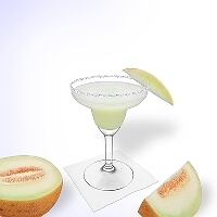 Frozen Melon Margarita served in a margarita glass with a slice of melon and a sugar or salt rim.