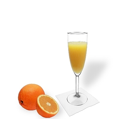 Mimosa cocktail in champagne glass isolated on white background